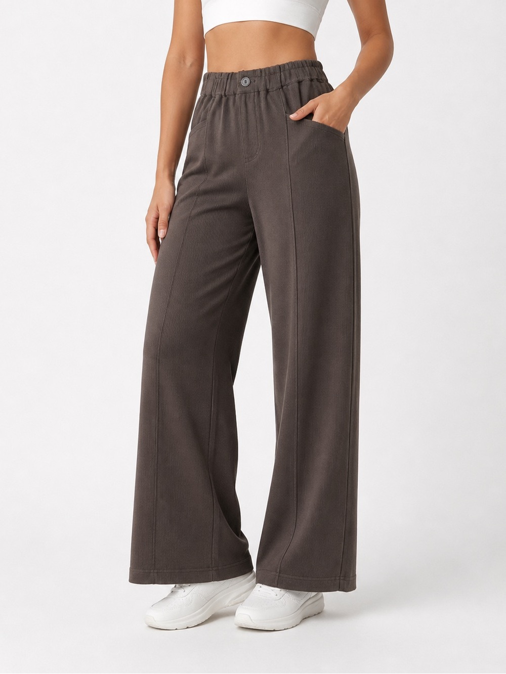 NWT Halara wide leg ribbed elastic waist high waisted button brown pant medium